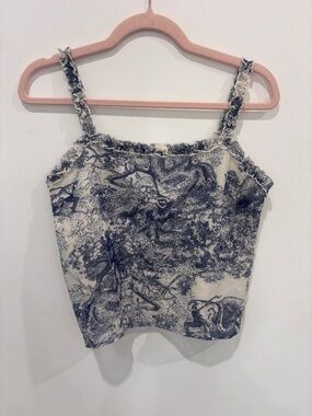 AQUA Blue Cream Toile Print Ruffle Crop Top Cami Cottagecore Women’s Small